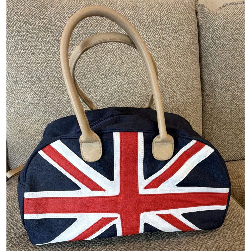 Harrods Vintage NWOT Union Jack London Flag Navy Satchel Top Handle Beige
